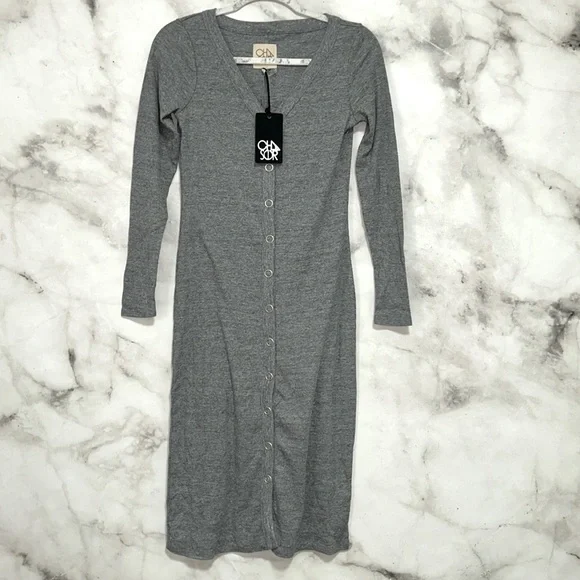 ribbed snap button dress RIBBED BUTTON DOWN DRESS Stone / L